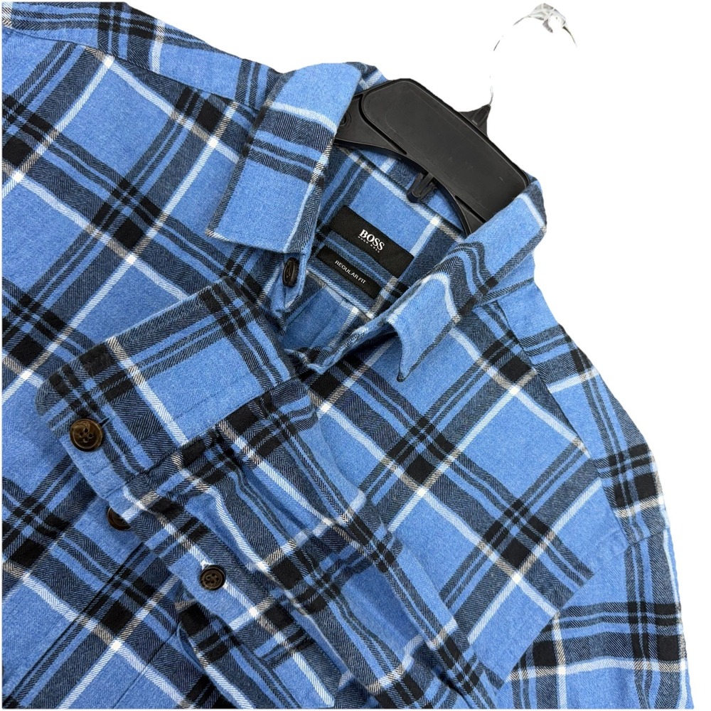 Hugo Boss Flannel Shirt Mens M‎ Plaid Button Up Blue Black